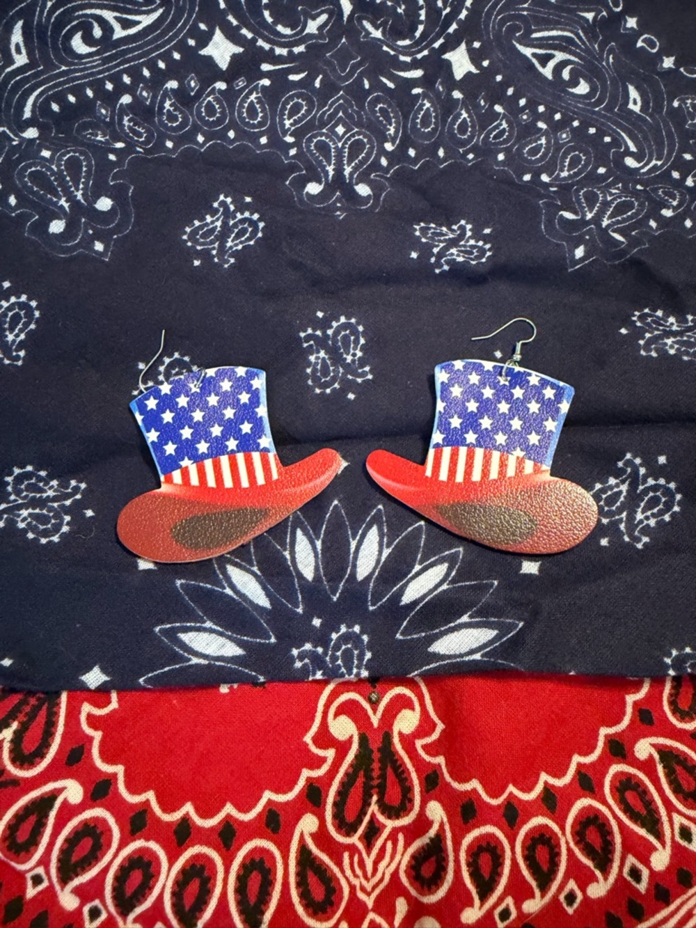 Patriotic Uncle Sam Hat Earrings - Red, White & Blue